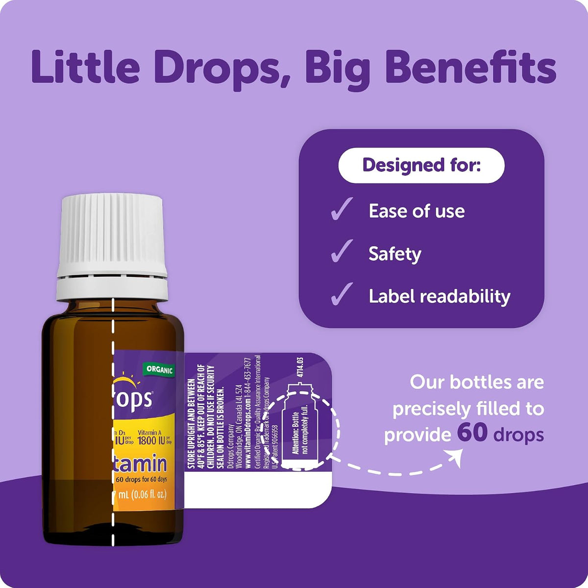 Ddrops® Kids Organic Liquid Vitamins – Daily Vitamins A&D Drops for Kids, 60 Drops. Supports Eye Health, Bone Development and Immune Function. Certified Organic, Non-GMOs, Allergy-Friendly