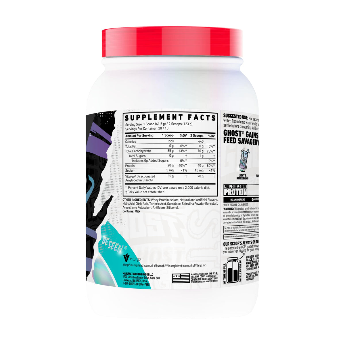 GHOST Clear Gains Mass Gainer Protein Powder - Post-Workout Weight Gainer Mix - 40g of Whey Protein Isolate, 440 Calories & 70g Vitargo Carbs - Lean Muscle Building & Recovery - Strawberry Watermelon