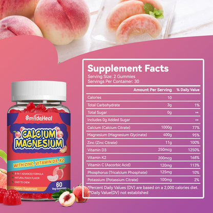 Calcium Magnesium Gummies 600MG, Calcium Magnesium Zinc Gummies with Vitamin D3 - High Absorption Complex Calcium Supplement, Vegan, 60 Counts