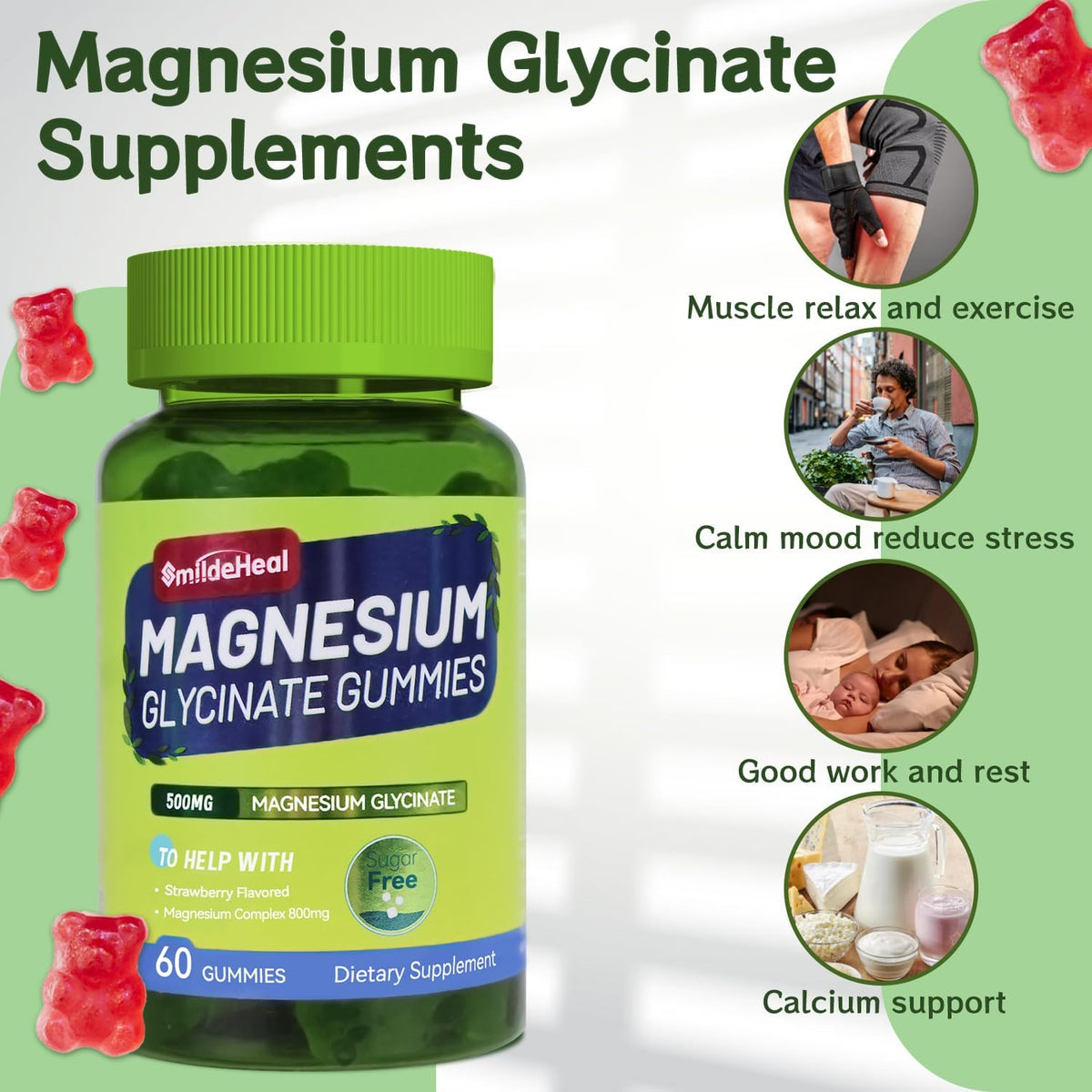 Magnesium Glycinate Gummies 500mg with L-Threonate 300mg - Sugar-Free Magnesium Potassium Supplement with Vitamin D, B6, CoQ10 - Strawberry Flavored - 60 Gummies