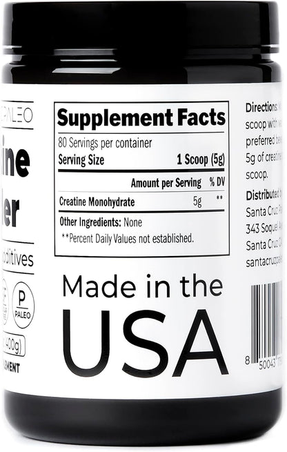 Santa Cruz Paleo, Creatine Monohydrate Powder Micronized, Unflavored Pre Workout and Muscle Support Supplement, Gluten Free Keto, Mix with Water or Shakes, No Fillers or Additives, 80 Servings, 400g