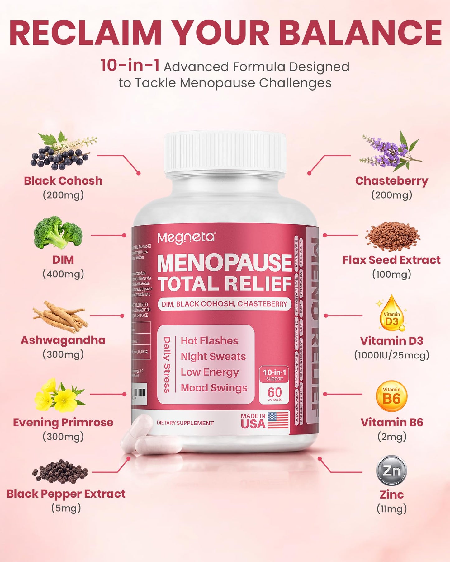 MEGNETA Menopause Supplements for Women - 10-in-1 Hormone Balance Complex with Black Cohosh, DIM, Chasteberry & Ashwagandha - Support for Hot Flashes, Night Sweats