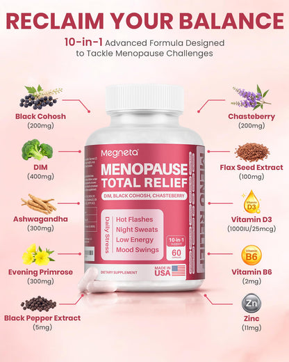 MEGNETA Menopause Supplements for Women - 10-in-1 Hormone Balance Complex with Black Cohosh, DIM, Chasteberry & Ashwagandha - Support for Hot Flashes, Night Sweats