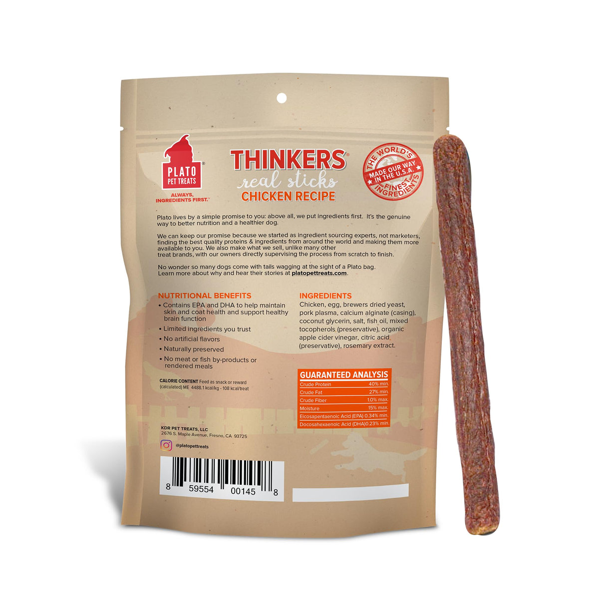 Plato Meat Sticks Salmon Dog Treats, Air-Dried High-Protein Soft Chews with Omega Fish Oil (EPA & DHA), 10 oz