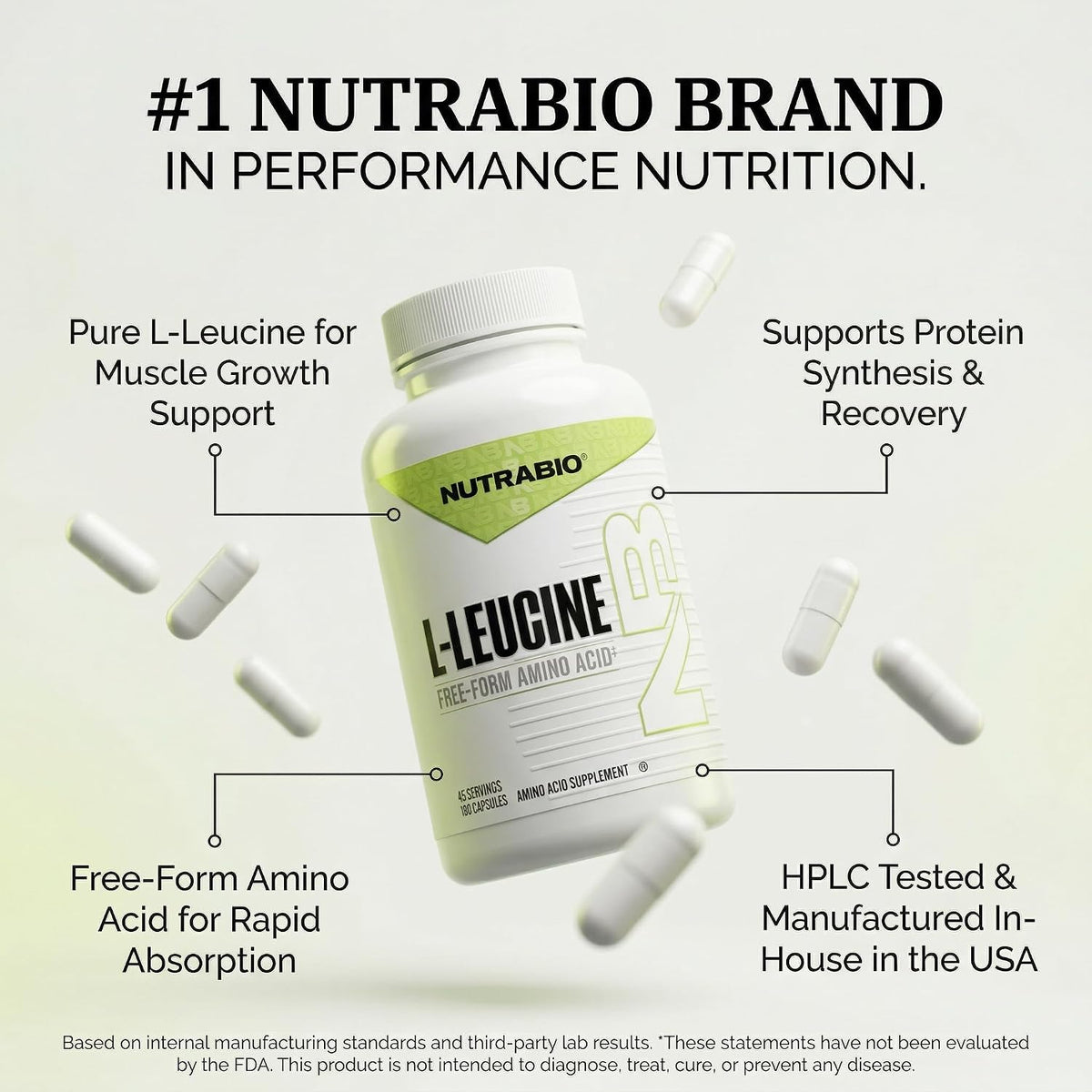 NutraBio L-Leucine Supplement - Optimal Amino Acid for Muscle Growth & Recovery - Naturally Fermented Free Form Leucine Amino Acids Supplement- Vegan, Non-GMO, Gluten Free - 400mg, 180 Capsules