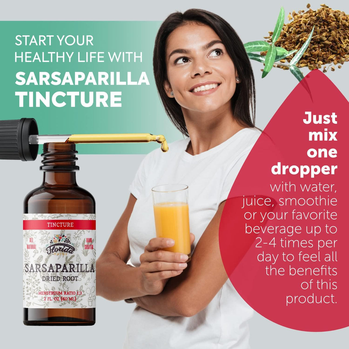 Sarsaparilla Tincture, Organic Sarsaparilla Extract (Smilax Medica) Dried Root, Non-GMO in Cold-Pressed Organic Vegetable Glycerin 2 oz, 670 mg
