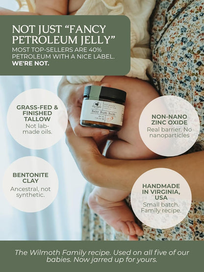 Hearth & Homestead Baby Bum Balm, Grass Fed Tallow Diaper Rash Cream with Zinc Oxide & Bentonite Clay, Fragrance Free Diaper Cream for Sensitive Baby Skin, Newborn Safe, 2oz