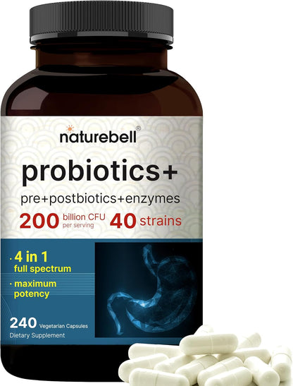 NatureBell Probiotics 200 Billion CFU Per Serving, 40 Strains, 240 Capsules | 4-in-1: Probiotics, Prebiotics, Postbiotics & Enzymes. Full-Spectrum, Multi-Strain. For Men & Women. Vegetarian, Non-GMO.