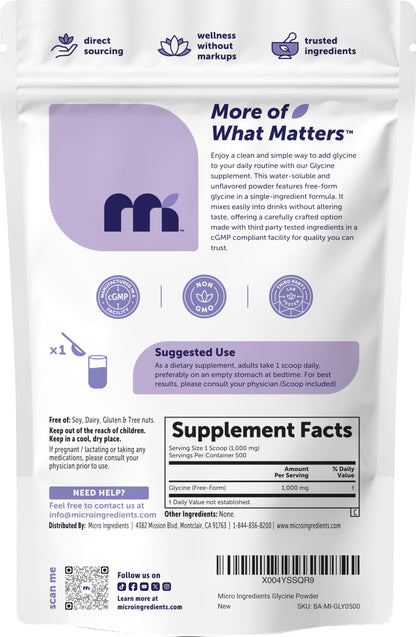 Micro Ingredients Glycine Powder, 1KG (2.2 Pounds), Glycine 1000mg Per Serving, Water Soluble and Product of USA