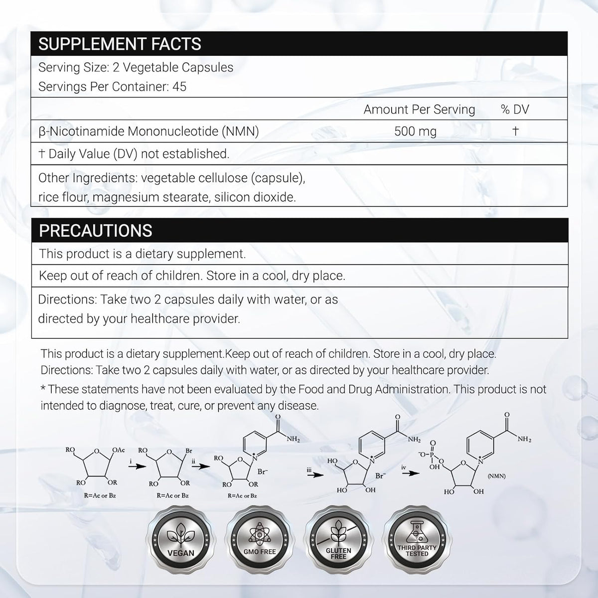 NMN Supplement 500mg - 99.9% Pure NMN Supplement Capsules for Increased NAD Levels & Healthy Aging - Third Party Tested Stabilized Capsules, cGMP Certified, 90 Liposomal NMN (45 Servings)