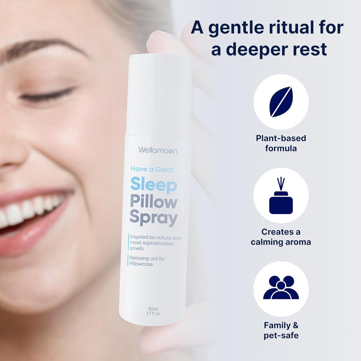 Wellamoon Sleep Spray - Calming Lavender Pillow Mist for Relaxation & Deep Sleep - Aromatherapy Bedding Spray Helps You Fall Asleep Faster - Soothing Bedtime Essential Oil Blend (50 ml.)