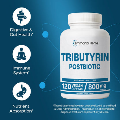 Tributyrin Supplement 800mg, Advanced Butyrate Form, 55% Standardized, More Effective Delivery Than Sodium Butyrate, 120 Capsules, Non-GMO & Gluten Free Postbiotic Supplement