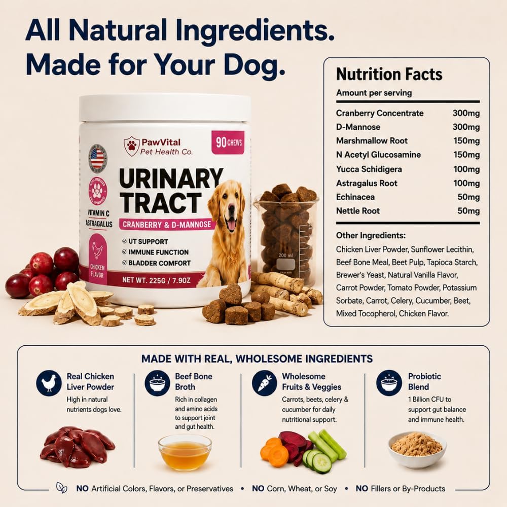 Dog UTI Support Chews, Cranberry Supplement for Dogs with D-Mannose, Urinary Tract & Bladder Support, Dog Cranberry Chews for Bladder Control, Incontinence Support, Chicken Flavor, 90 Soft Chews