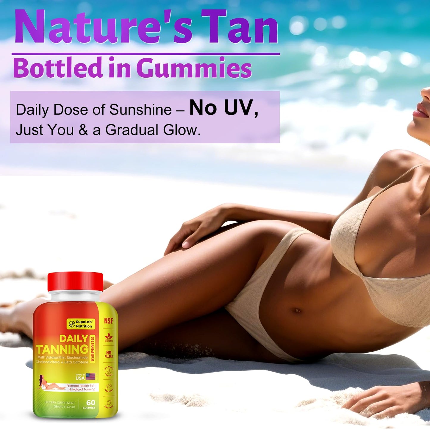MEGNETA Tanning Gummies for Women Men - Sunless Glow Tanning Supplement with Astaxanthin, Beta Carotene, Lycopene, Zinc & Vitamins C D E, Sunless Tan Booster, Skin Hydration & Glow (Purple)