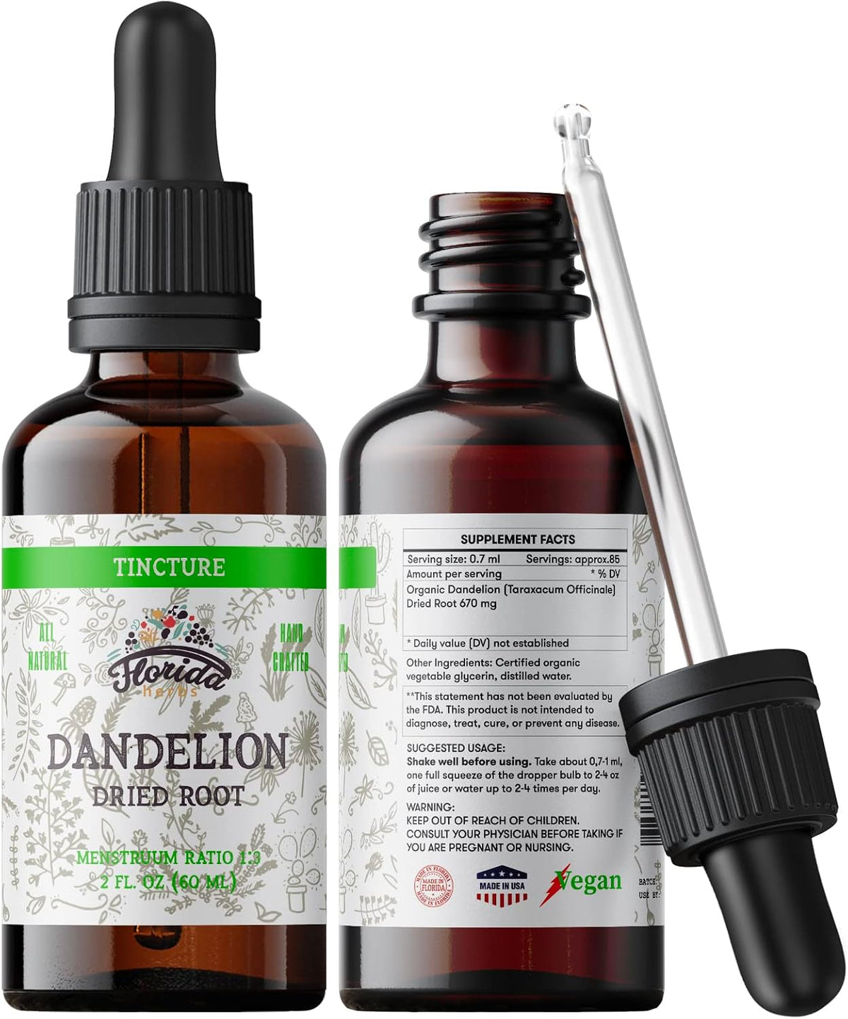 Dandelion Root Tincture Organic Dandelion Extract (Taraxacum Officinale) Health Supplement, Non-GMO in Cold-Pressed Organic Vegetable Glycerin 2 oz, 685 mg