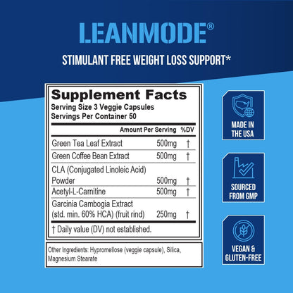 EVL Weight Loss Support Pills - Premium Multipurpose Appetite Metabolism and Fat Loss Support for Men and Women - LeanMode with Green Coffee Bean Extract CLA and Garcinia Cambogia - 50 Servings