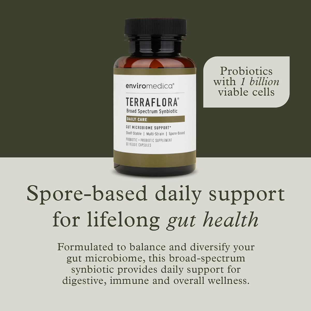 Terraflora Daily Care Synbiotic, Spore Probiotic & Prebiotic, 60 Ct | Soil-based, shelf-stable, allergen-friendly spore probiotics & prebiotics for daily gut health. 60 caps.