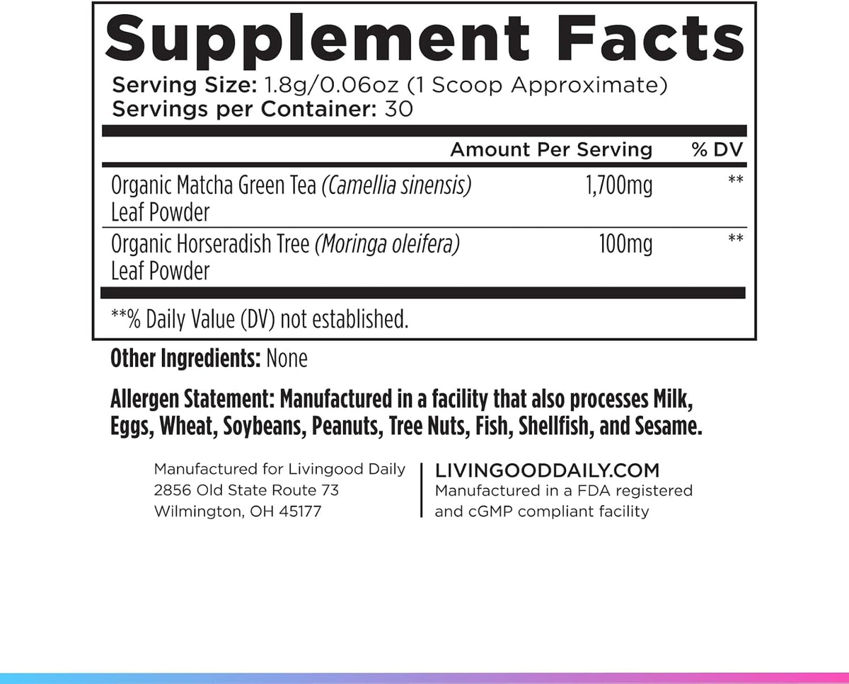 Livingood Daily Matcha + Moringa Powder, 30 Servings - 2in1 Matcha Powder and Moringa Supplement for Radiant Skin - Instant Green Tea with L Theanine - Vegan, Gluten Free, Non GMO - Made in USA