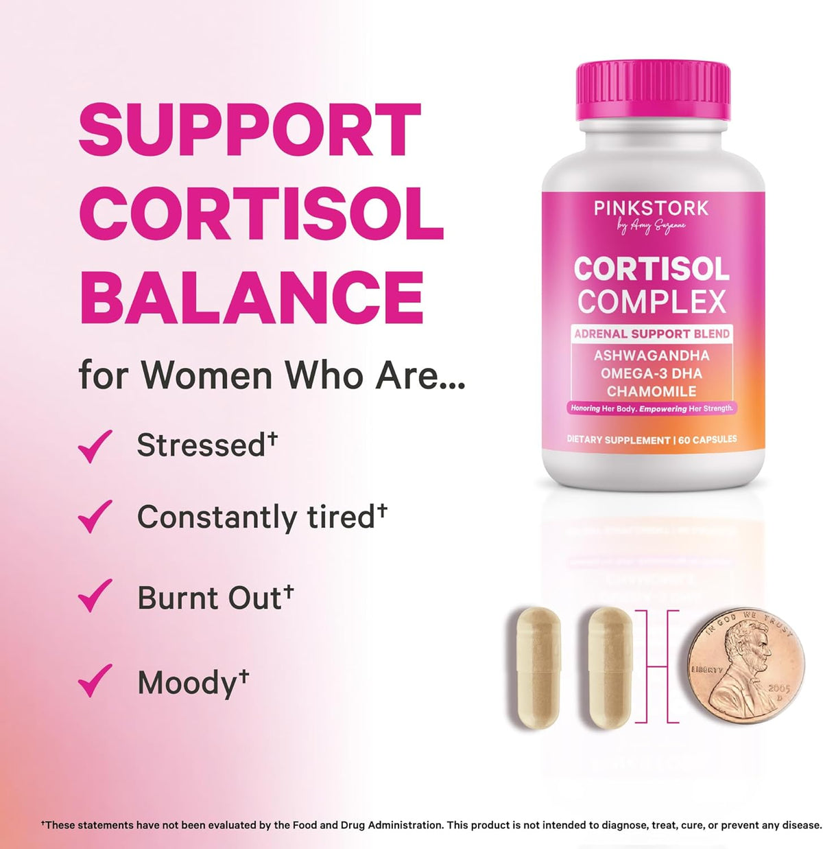 Pink Stork Cortisol Complex for Women - 60 Capsules | Adaptogenic Adrenal + Stress Support, 300mg Organic Ashwagandha, Algae DHA, Saffron, Methylated B Vitamins, Non-Drowsy