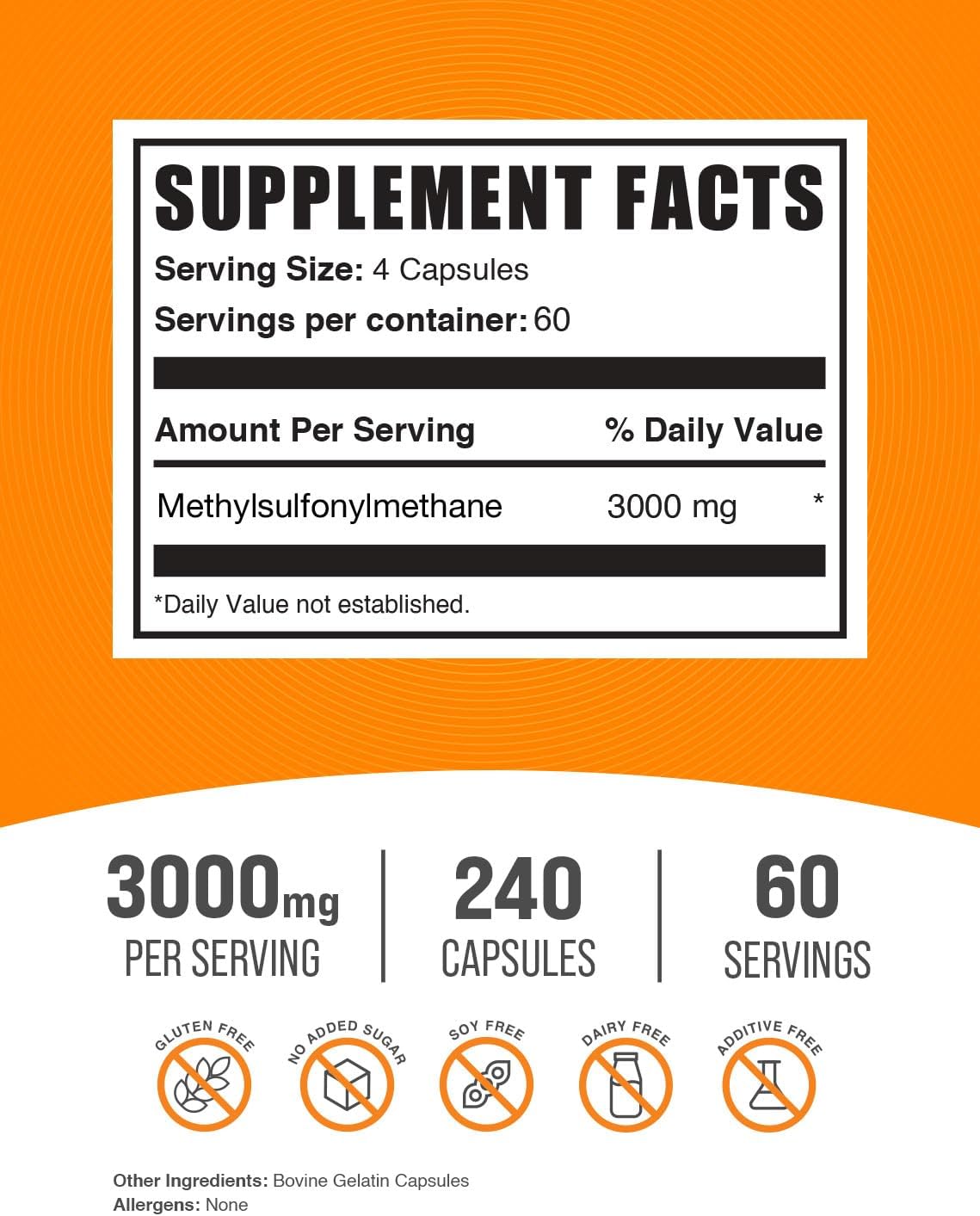 BulkSupplements.com MSM Capsules - Methylsulfonylmethane, MSM 3000mg - Joint Supplements, Gluten Free, 4 Capsules per Serving, 240 Count (Pack of 1)