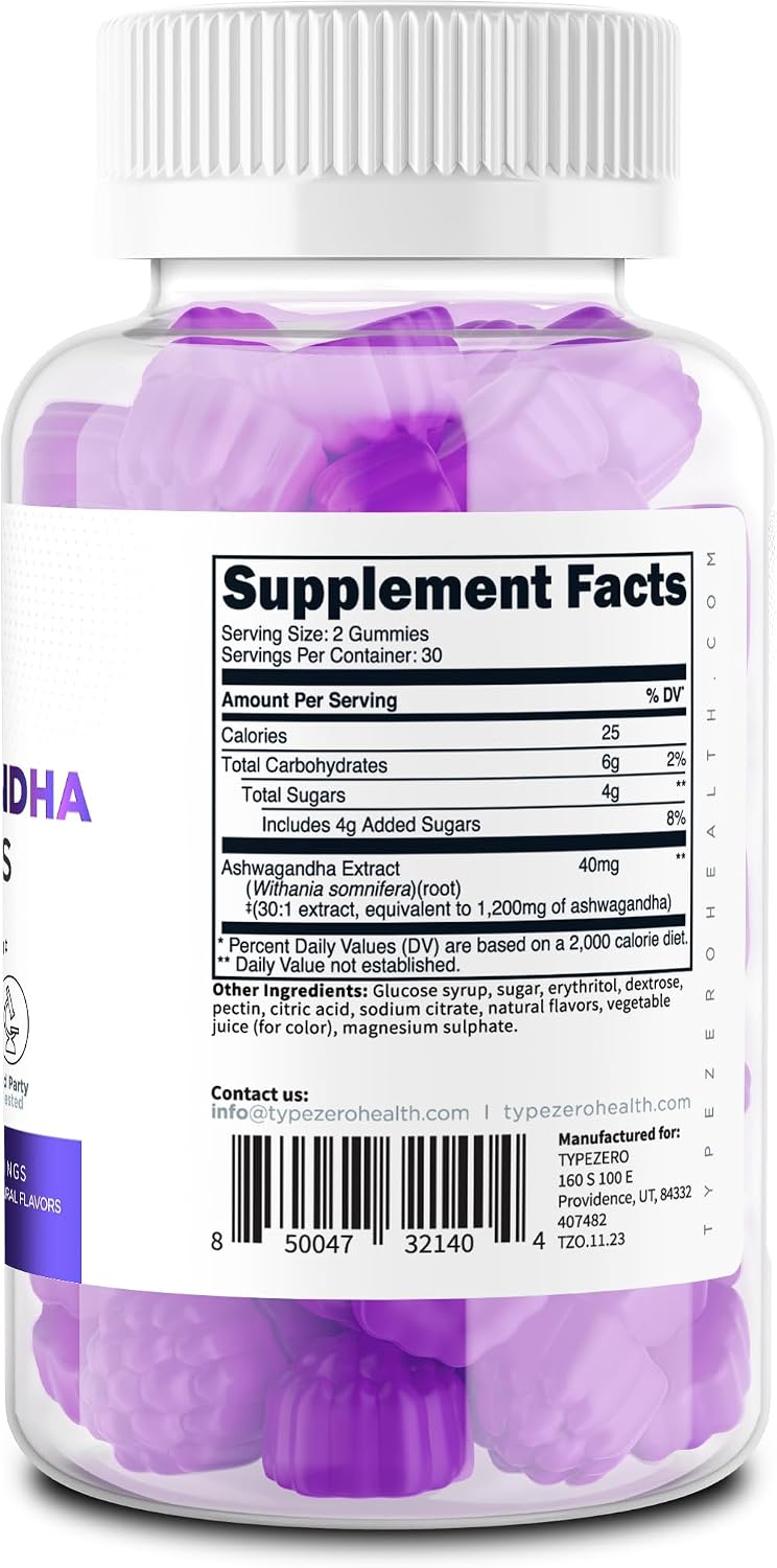 Type Zero Ashwagandha Gummies 60 Gummies for 30 Servings Per Bottle - Ashwagandha Herbal Extract Supplement, Gluten Free, GMO Free
