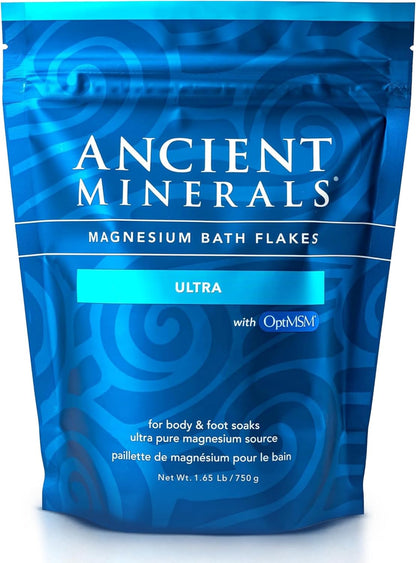 Ancient Minerals Magnesium Bath Flakes Ultra with MSM, Zechstein, 1.65lb | Zechstein magnesium chloride + OptiMSM organic sulfur bath salts. Soothing mineral soak for skin & body. 1.65 lb.