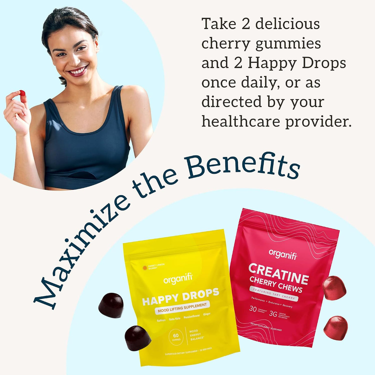 Organifi Strength and Mood Bundle - 30 Servings of Creatine Cherry Chews and Lemon Happy Drops - Delicious Creatine Monohydrate and Calming Saffron Gummies for Men and Women
