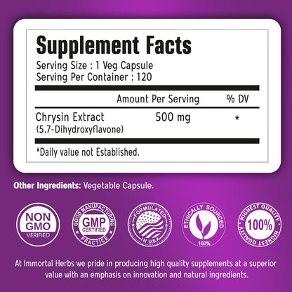Chrysin Supplement 500mg, 120 Pills, Passion Flower Extract Powder, 5,7-Dihydroxyflavone, Non-GMO and Gluten-Free Chrysin Supplement for Men and Women