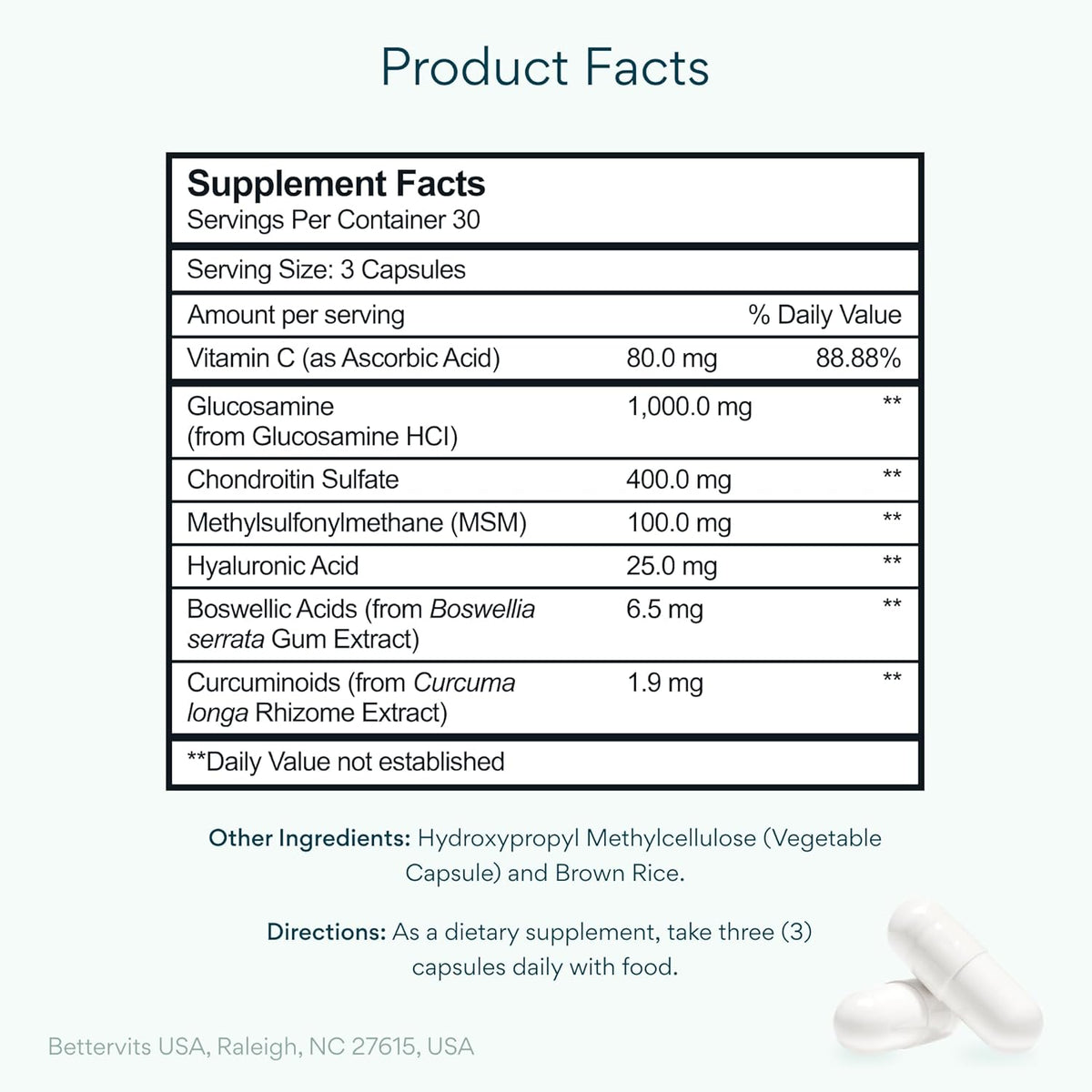 Bettervits Glucosamine Complex with MSM Сhondroitin | Joint Supplements for Women and Men with Vitamin C | Arthritis Support Supplement for Mobility & Flexibility - 90 Capsules
