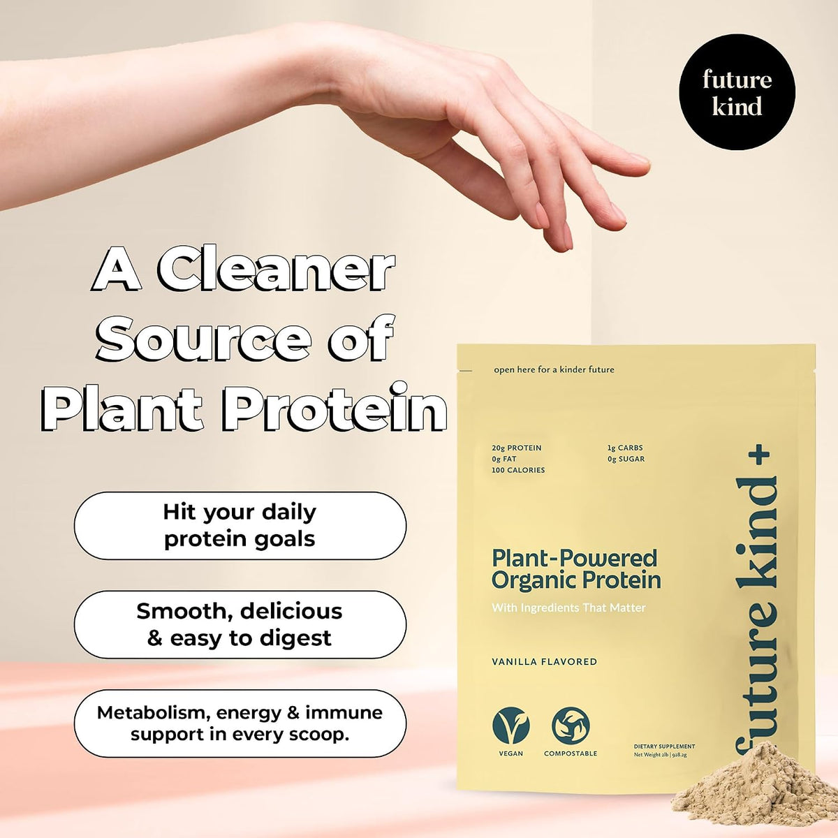 Future Kind Vegan Protein Powder, Vanilla, Pea Plant Protein for Lean Muscle with Iron & Fiber, Whey-Free, Sugar-Free, Soy-Free, Non-Dairy (34 Servings)