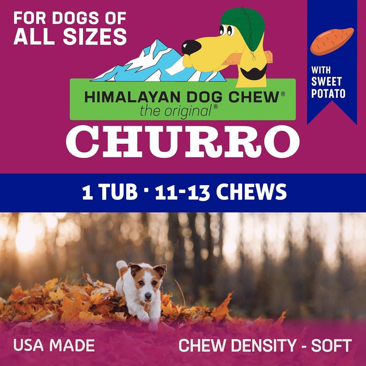 Himalayan Dog Chew Churro, Soft Yak Cheese Treat, Peanut Butter, 4 Sticks | 100% Natural, Soft Density Dental Support, Gluten Free, Healthy Safe Dog Treats for All Breeds and Ages, Lactose & Grain Free