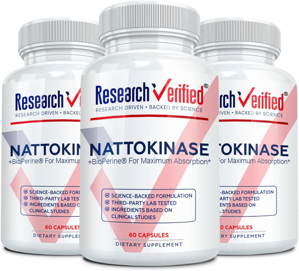 Research Verified Nattokinase - 4000 FU - Circulatory Support - BioPerine, No Vitamin K2-60 Capsules - Pack of 3