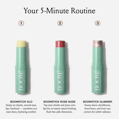 Boomstick Trio ® Rose Nude 3 Pack Cream Blush Makeup - Rose Nude Blush Stick, Highlighter Stick & Moisturizer for Cheeks, Eyes & Lips - Boom Sticks by Cindy Joseph for Older Women
