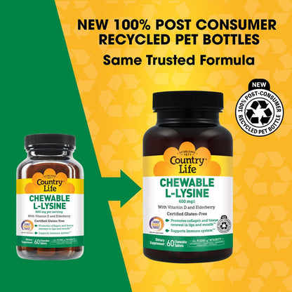 Country Life Chewable L-Lysine 600 mg with Vitamin D, 60 Tablets