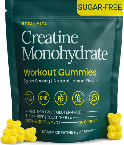 Sugar-Free Creatine Monohydrate Gummies - 5g per Serving, Lemon flavor 90Ct | Creatine gummies for women & men to support muscle, cellular energy & cognitive function, vegan, non-GMO, gluten-free, USA