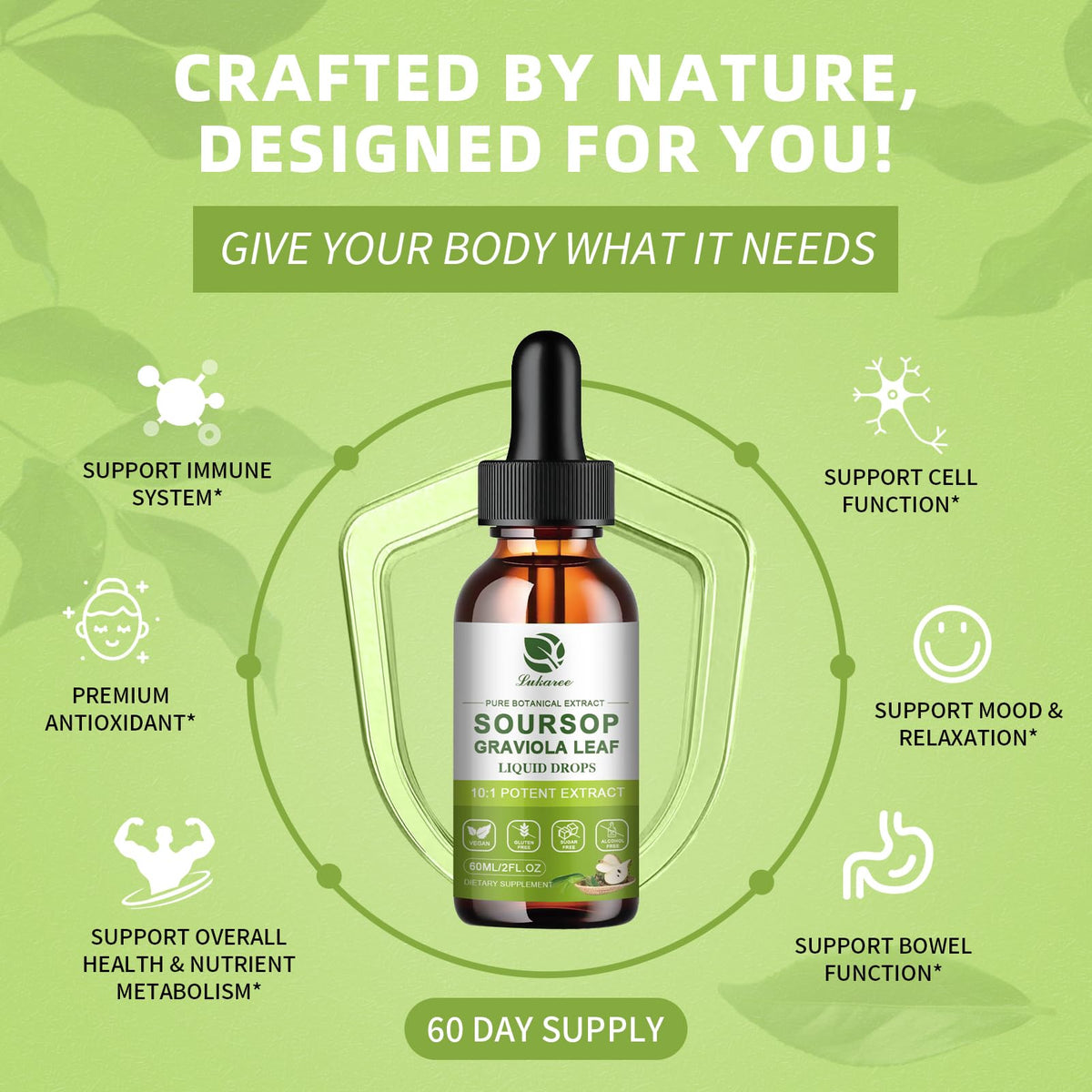 Lukaree Pure Soursop Graviola Leaves Extract - Immune Energy & Gut Support | Soursop Bitters Liquid Drop for Cell Support & Regeneration – Cold Extract with High Potency– Vegan | Gluten-Free | 2 Fl Oz