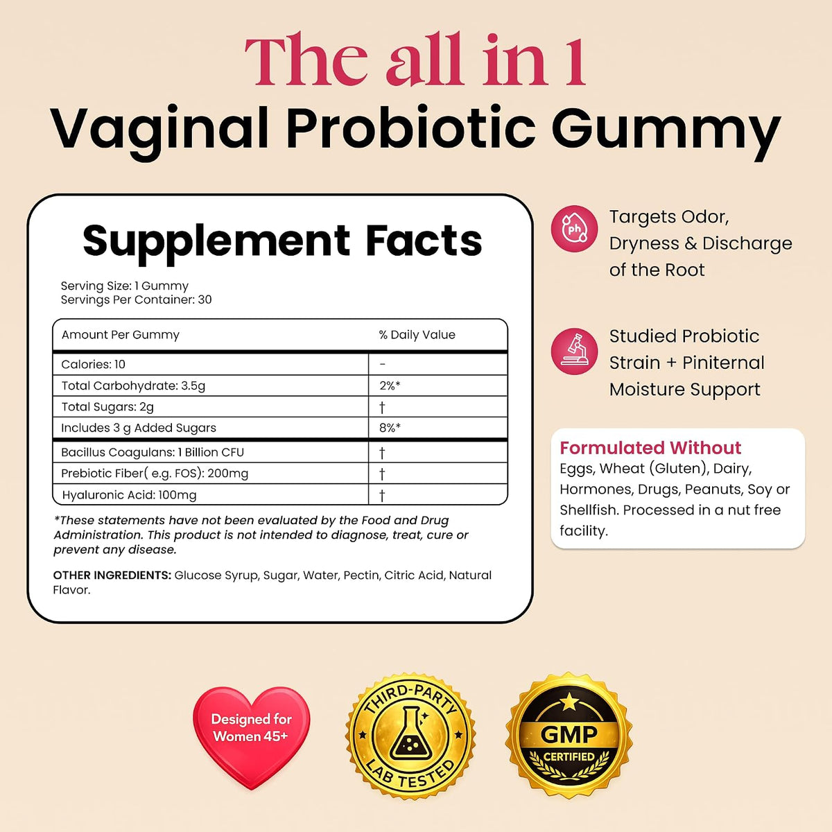 ALLFEMME Flora+ pH Balance Vaginal Probiotic Gummies for Women – Pineapple | Prebiotics & Hyaluronic Acid · Feminine Odor and Freshness Support · Sugar Free · Vegan · Non-GMO · Gluten Free · 30 Gummies