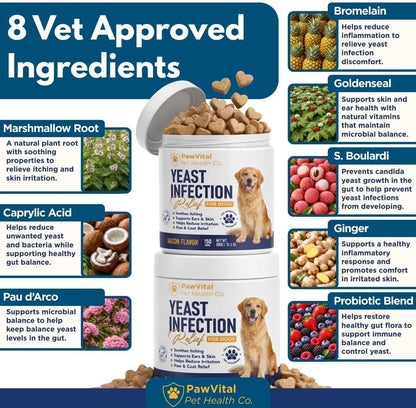 Natural Yeast Infection Treatment for Dogs, 150 Chews – Anti Yeast Support for Itchy Skin & Ears – Helps Reduce Irritation & Paw Licking – Probiotic + Herbal Blend – Bacon Flavored Soft Chews