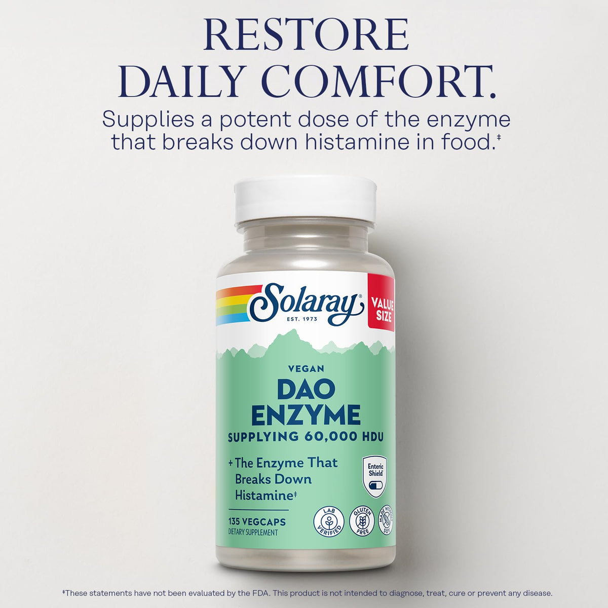 SOLARAY DAO Enzyme - Digestive Enzyme that Breaks Down Histamine - 60,000 HDU - Digestive Enzymes - Vegan, Gluten Free, Lab Verified - 30 Servings, 30 VegCaps