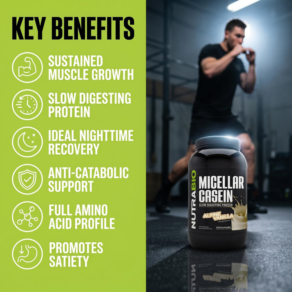 NutraBio Casein Protein Powder, Micellar Casien Powder, 25g Slow Digesting Protein, Helps Keep You Full, Overnight Muscle Recovery & Growth, BCAA & EAA, Gluten Free, Soy Free, 2lb Strawberry Ice Cream