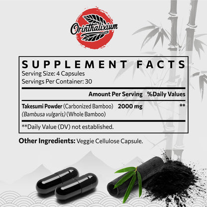Orinthalixium Takesumi Activated Charcoal 2000mg – Activated Charcoal from Bamboo for Max Absorption, Detox & Gut, 120 Vegan Capsules