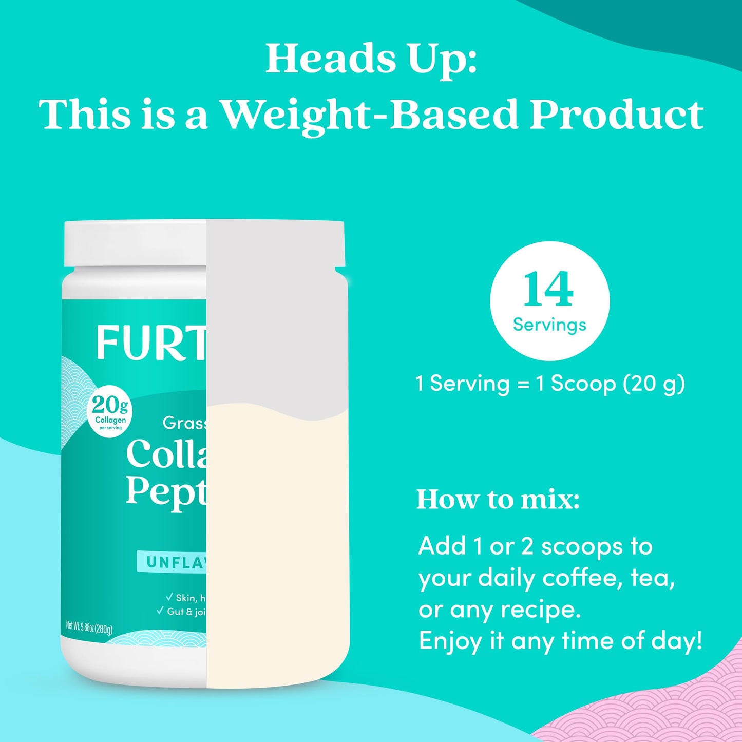 Further Food Unflavored Collagen Peptides Powder - 100% Grass-Fed, Hydrolyzed Type 1 & 3, 20g of Collagen per Serving