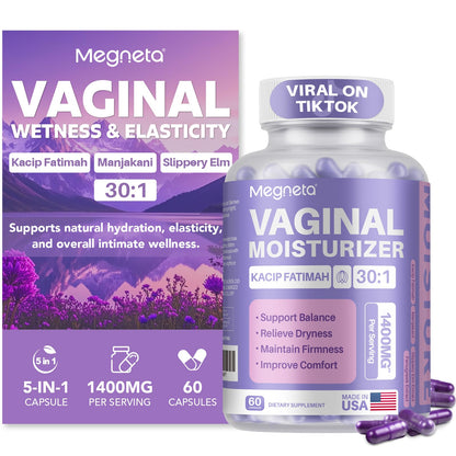 MEGNETA Vaginal Moisturizer, Kacip Fatimah 1,000mg & Manjakni 200mg for Female Intimate Health, Slippery Elm for Women, Vegan, 60 Capsules