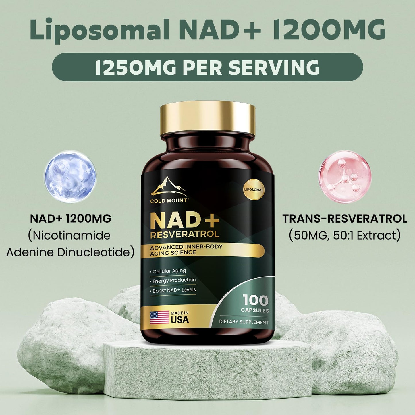 MEGNETA Liposomal NAD+ Supplement 1200mg with Trans Resveratrol - Boost NAD+ Levels, Energy & Anti-Aging Support - Vegan, 100 Capsules