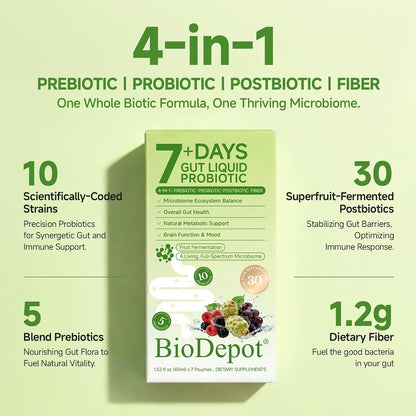 7 Day Liquid Probiotic Cleanse Sachets, Prebiotic Probiotic Postbiotic Supplement for Women & Men, 10 Strains, Microbiome Balance, Digestive & Gut Health, Bloating & Detox Support, Vegan