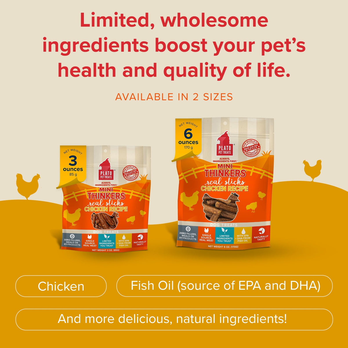 Plato Meat Sticks Salmon Dog Treats, Air-Dried High-Protein Soft Chews with Omega Fish Oil (EPA & DHA), 10 oz