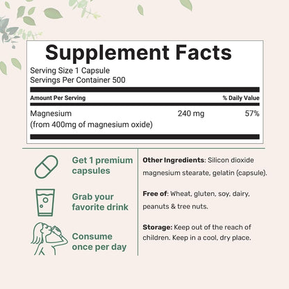 Magnesium Oxide 400mg, 500 Capsules | Elemental Form for Max Concentration | Supports Calm, Muscle & Nerve Health | Non-GMO