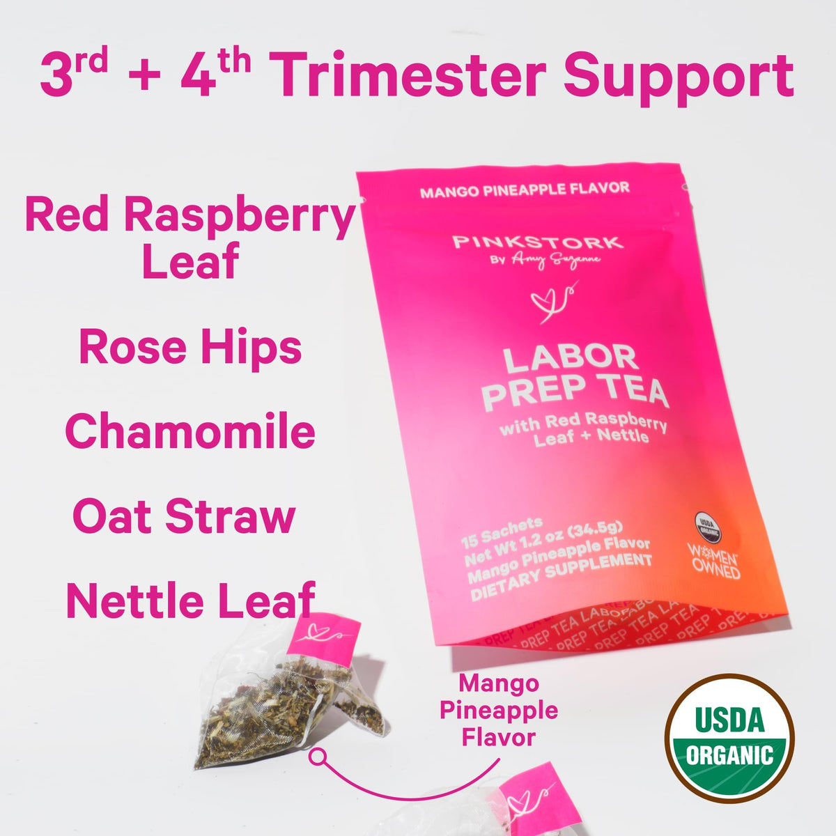 Pink Stork Organic Labor Prep Tea, Sweet Floral Flavor, 30 Cups | Red Raspberry Leadf, Chamomile + Rosehip, Caffeine-Free, Third Trimester Pregnancy, 15 Sachets
