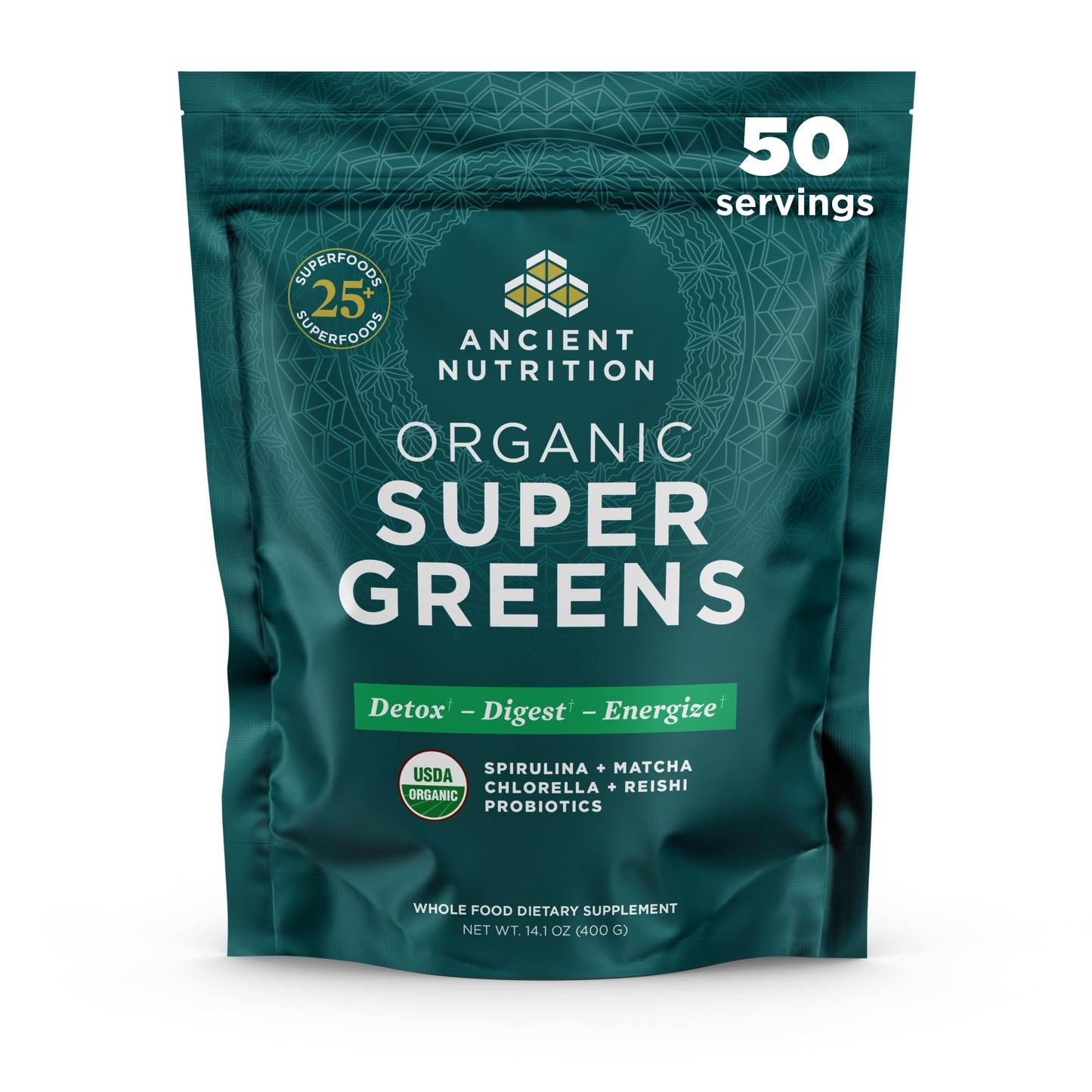 Ancient Nutrition Super Greens Powder, Organic Superfood Powder with Probiotics Made with Spirulina, Chlorella, Matcha, and Digestive Enzymes, 50 Servings, 14.1 oz Ancient NutritionBuy Supplements Australia