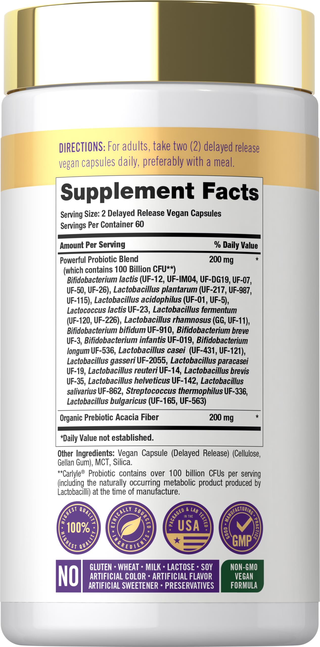 Carlyle Probiotic 100 Billion CFU | 120 Capsules | Delayed Release | 31 Probiotic Strains | with Prebiotic Fiber | Vegan, Non GMO, Gluten Free